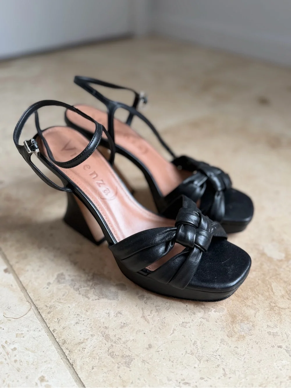 Venzi Black Knotted Platform Block Heels with Ankle Strap
